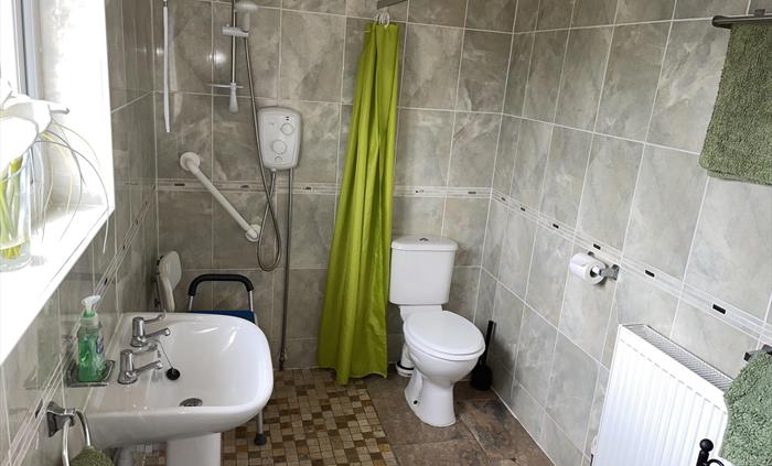 Pedestal sink, shower, shower curtain, height adjustable shower chair, toilet, towel rack and radiator. A raised toilet seat on a frame available on r